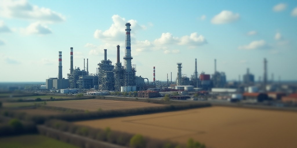 a large factory with a lot of machinery and buildings in the background and a sky background with a