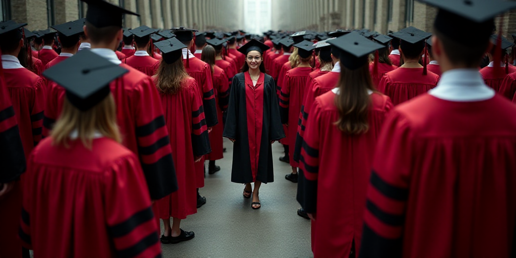 a large group of graduates in red and black robes and caps and gowns are standing in a row, Bourgeoi