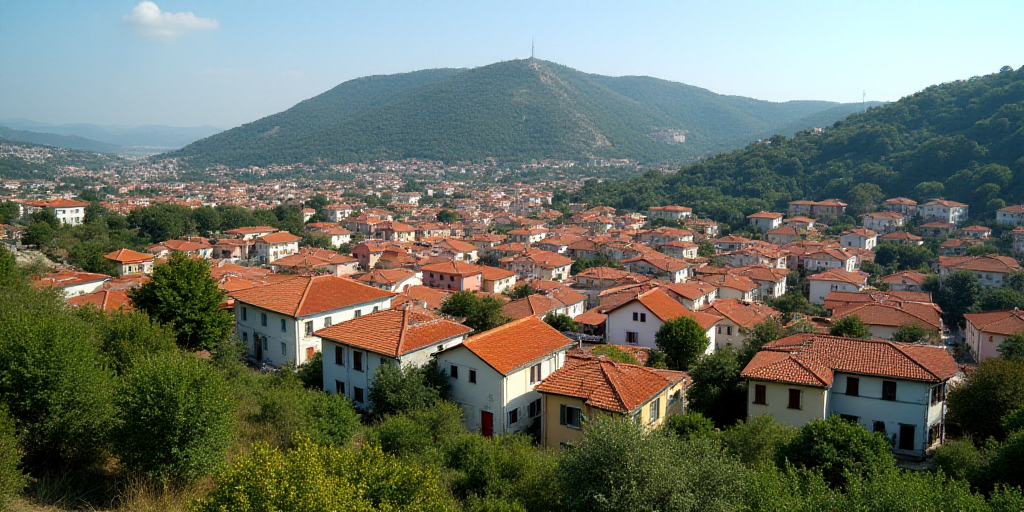 a large group of houses with orange roofs and trees in the foreground and a hill in the background,