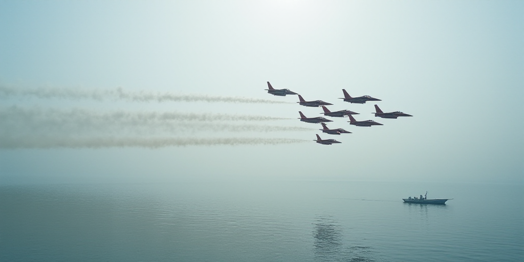a large group of jets flying over a large body of water with a boat in the distance on the water, An