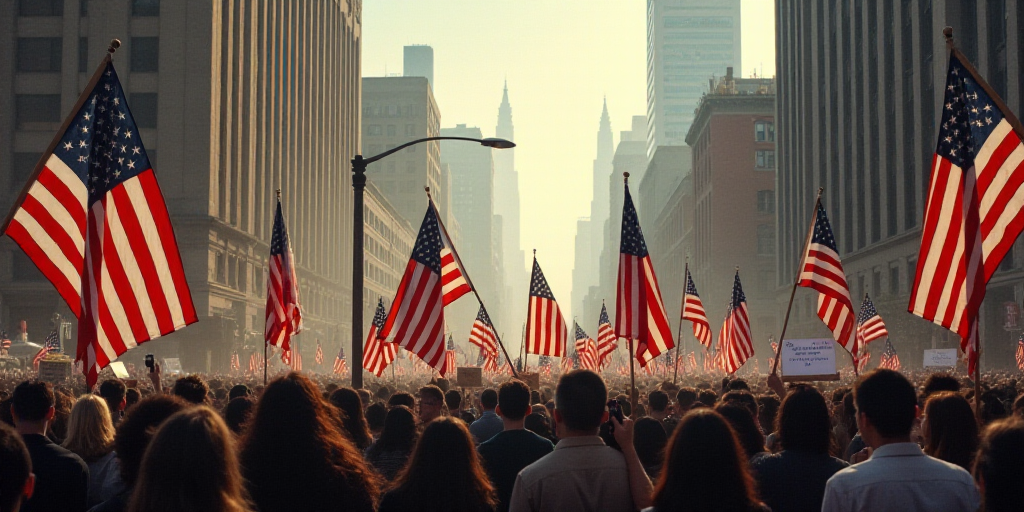 a large group of people holding american flags and signs in a city street with buildings in the back