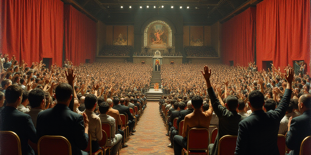 a large group of people in a room with chairs and a podium in the middle of the room, some of them w