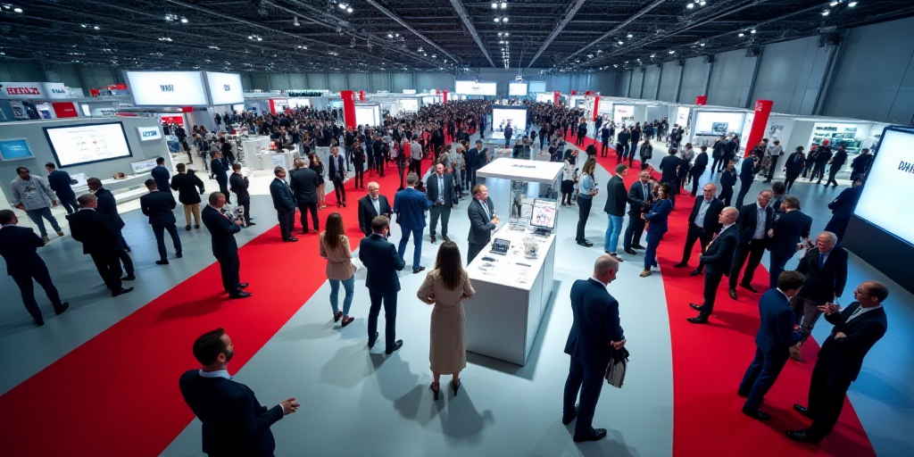 a large group of people standing around a booth at a trade show in a building with a red carpet, Dah