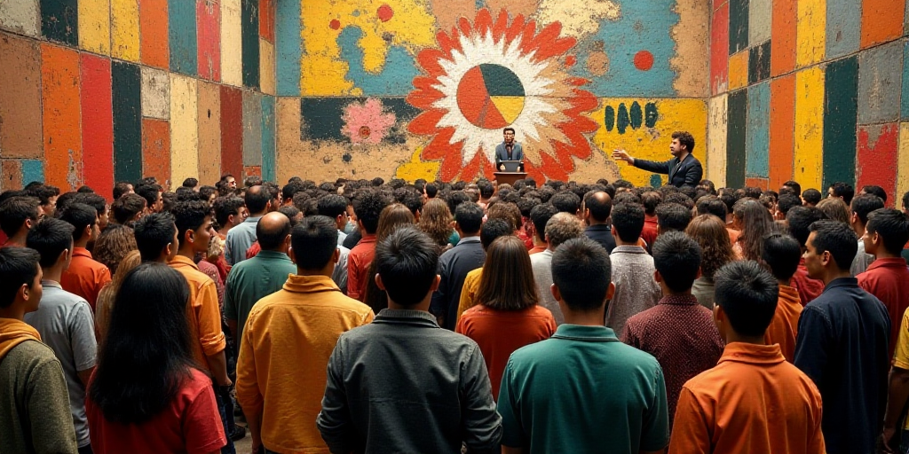a large group of people standing in a room together for a photo with a speaker in the background and