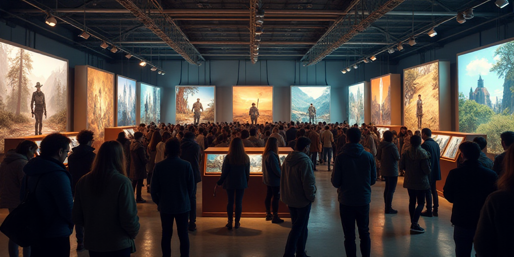 a large group of people standing around a convention hall with a display of video games on the walls