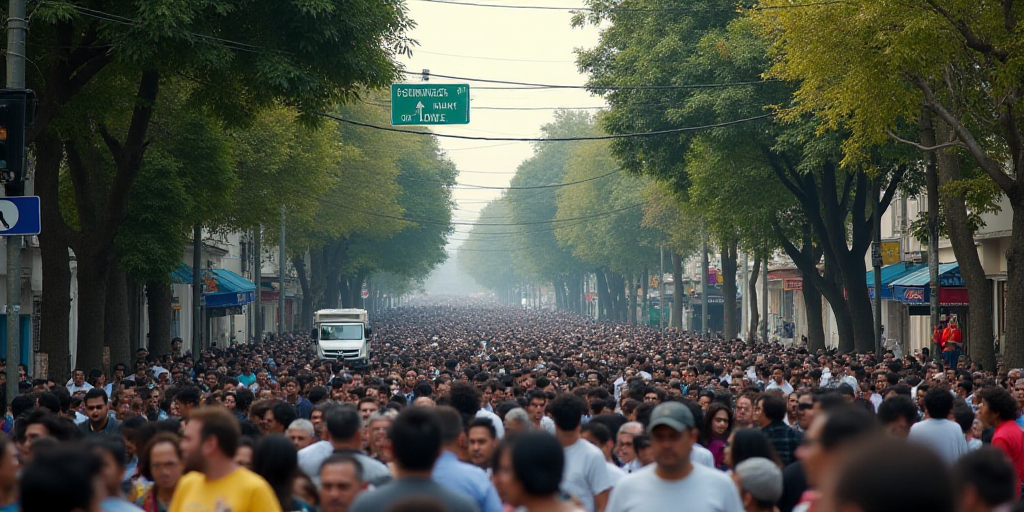 a large group of people walking down a street next to a street sign and trees and a car on the road,
