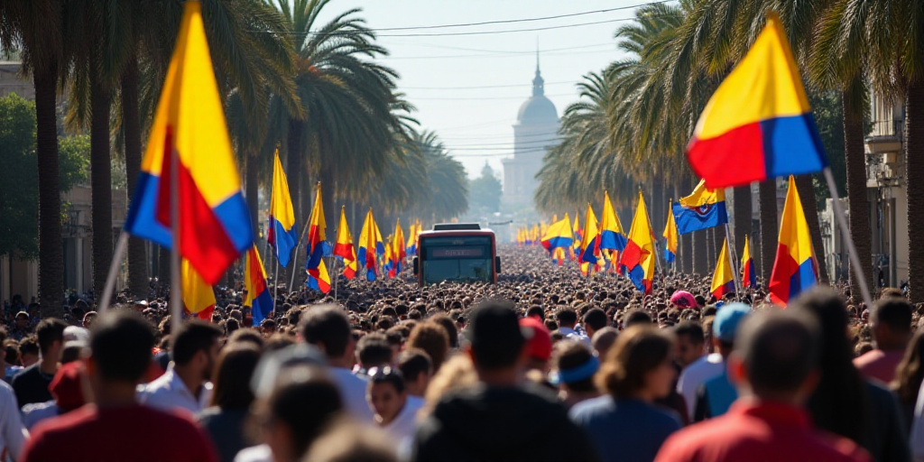 a large group of people walking down a street with flags and balloons on the sides of the street and