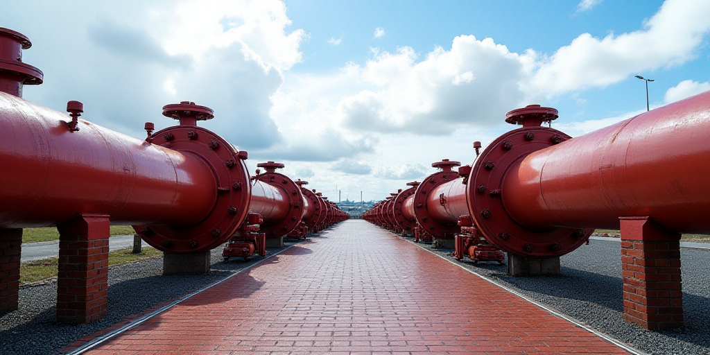 a large group of pipes and valves on a brick ground with a sky background and a brick walkway with a