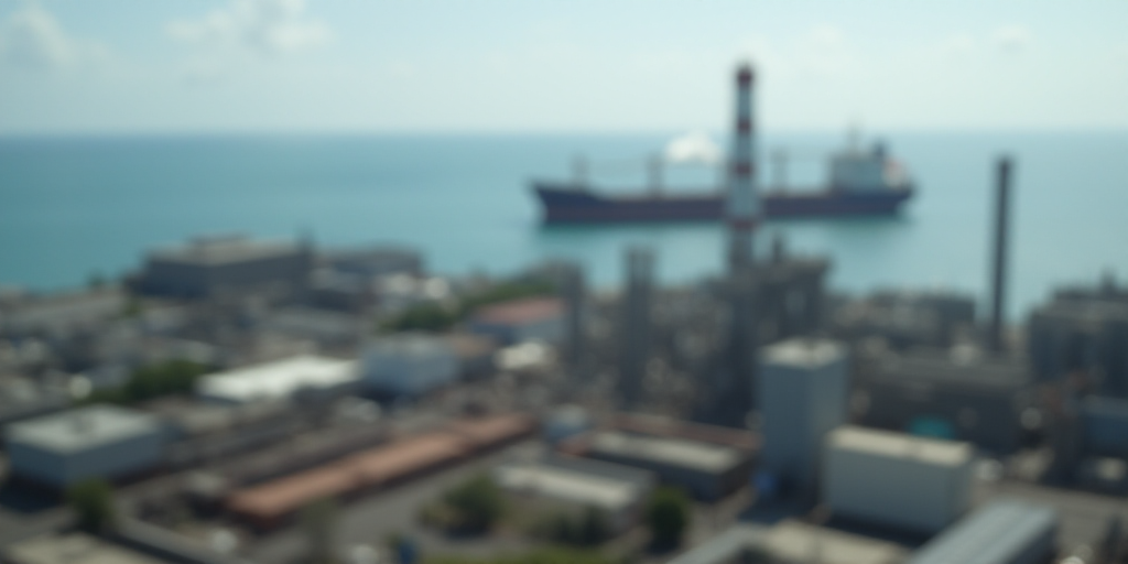 a large industrial area with a large ship in the background and a large oil refinery in the foregrou