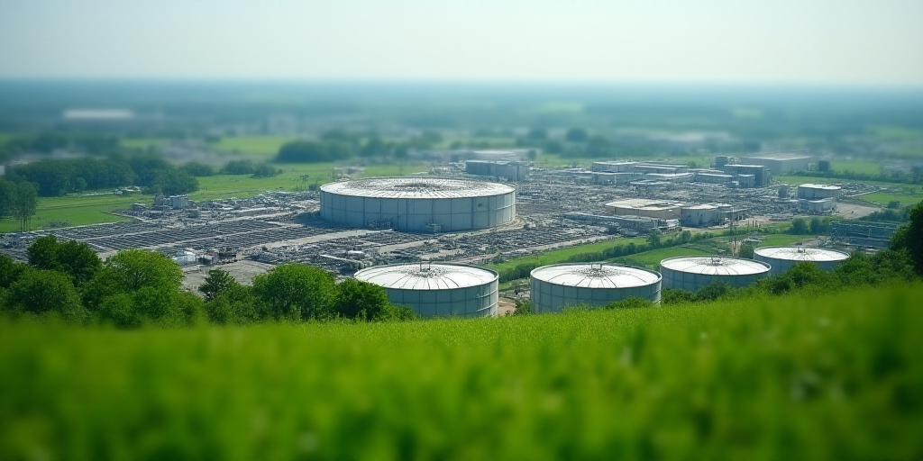 a large industrial area with a lot of water tanks and a lot of buildings in the background with a gr