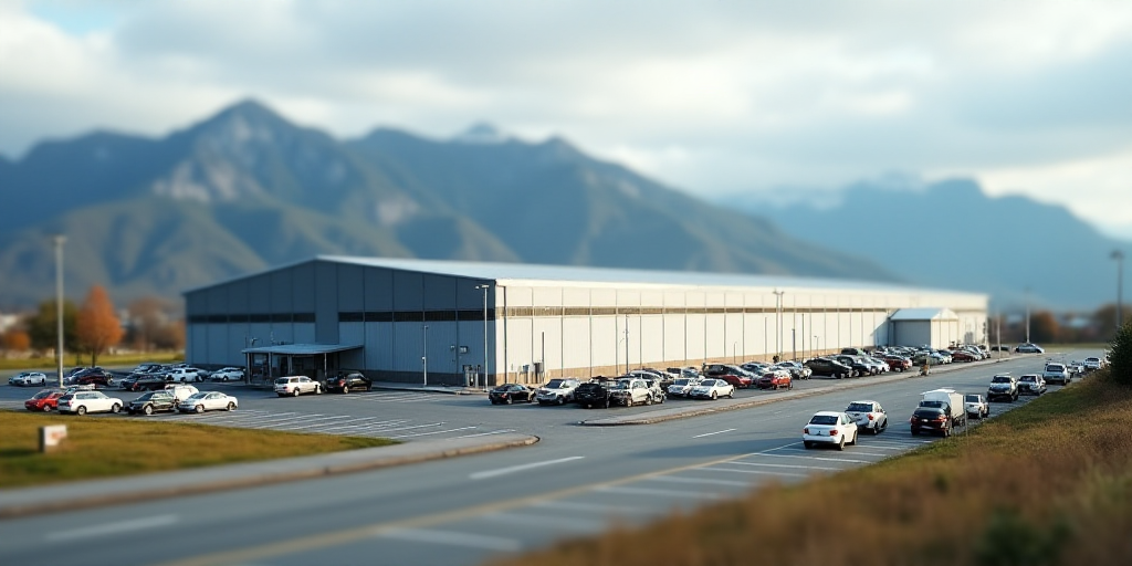 a large industrial building with a parking lot and a parking lot in front of it and mountains in the