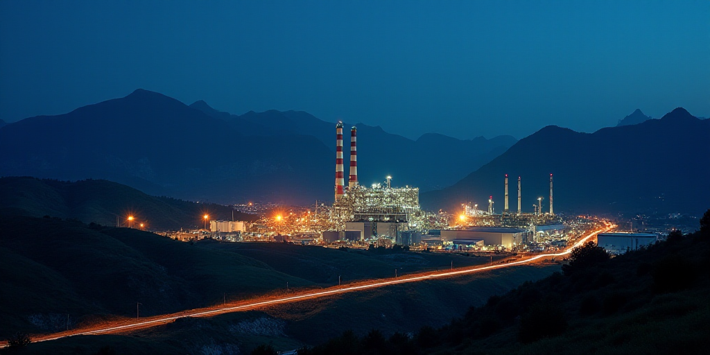 a large industrial plant lit up at night time with mountains in the background and a road running th
