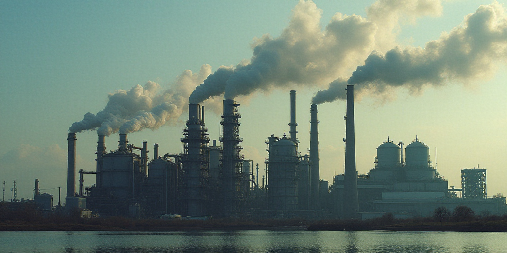 a large industrial plant with a lot of smoke coming out of it's stacks of pipes and tanks, Dahlov Ip