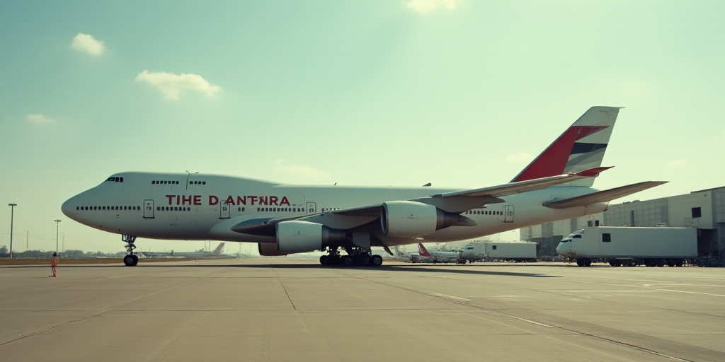 a large jetliner sitting on top of an airport tarmac next to a loading dock and a loading platform,