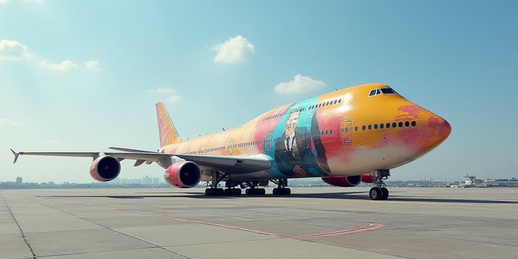 a large jetliner sitting on top of an airport tarmac with a painting of a man on it, Ei-Q, side prof