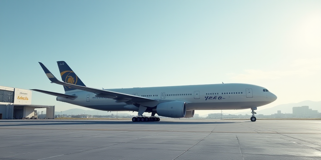 a large jetliner sitting on top of an airport tarmac next to a building with a boeing logo, Ei-Q, tu