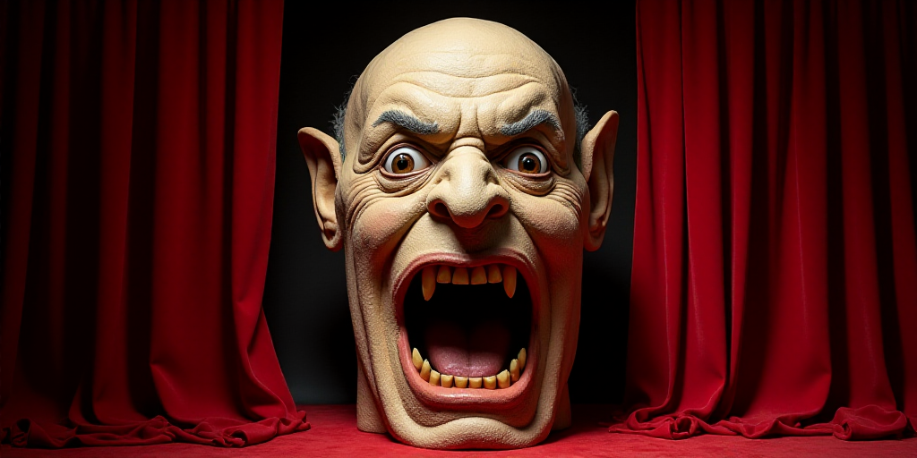 a large monster head on a stage with red curtains and a red curtain behind it with a black backgroun