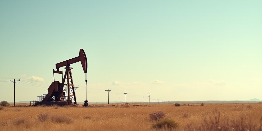 a large oil pump sitting in the middle of a desert field with a sky background and a few telephone p