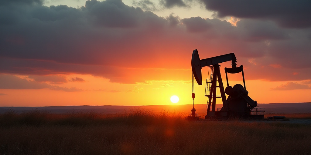 a large oil pump sitting on top of a field under a cloudy sky at sunset with the sun setting, Andrie