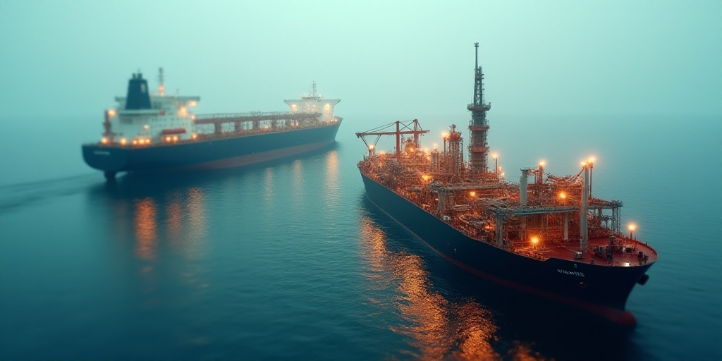 a large oil refinery in the middle of the ocean with a large ship in the background and a large oil