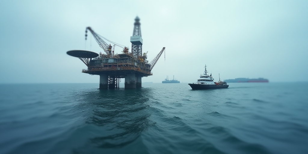 a large oil rig in the middle of the ocean with a boat in the water and a barge in the background, C