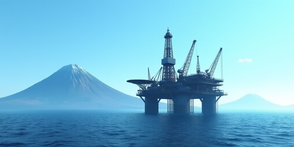 a large oil rig in the middle of the ocean with a mountain in the background and a blue sky, Aquirax