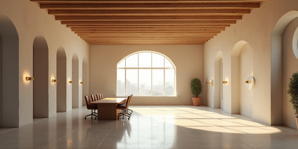 a large open area with a desk and chairs in it and a sign that says fibra fidia, Carpoforo Tencalla,