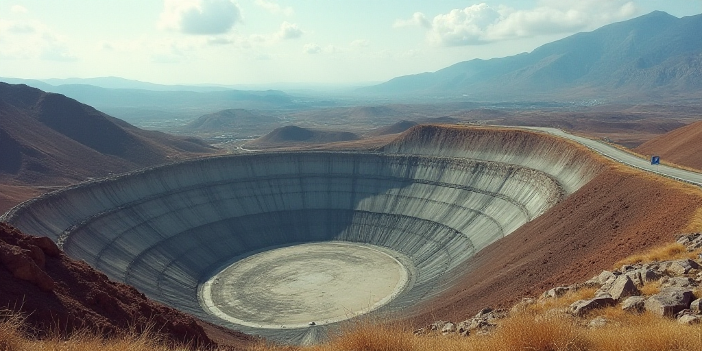 a large open pit with a mountain in the background and a road winding up the side of it with a blue