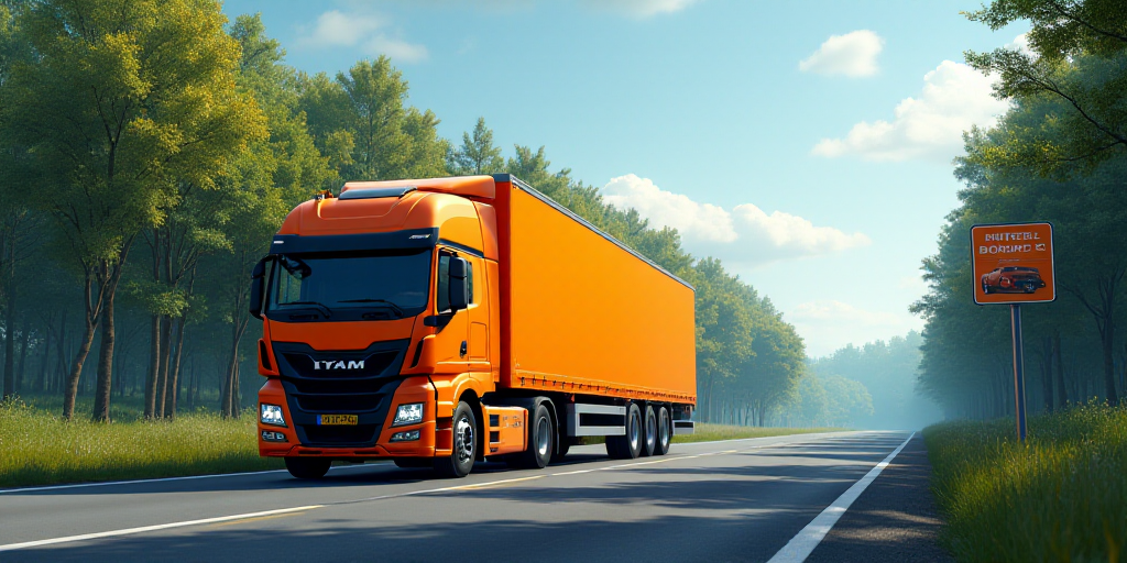 a large orange truck driving down a road next to a forest and a billboard sign with a car on it, Fed