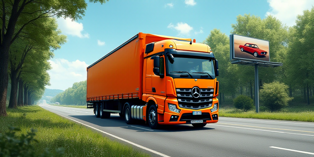 a large orange truck driving down a road next to a forest and a billboard sign with a car on it, Fed