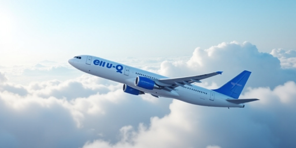 a large passenger jet flying through a cloudy sky above the clouds in the sky is a blue and white pl
