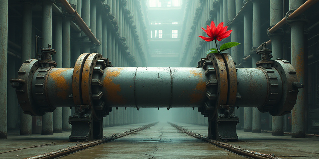 a large pipe in a large building with pipes and valves on it's sides and a red flower on the top of