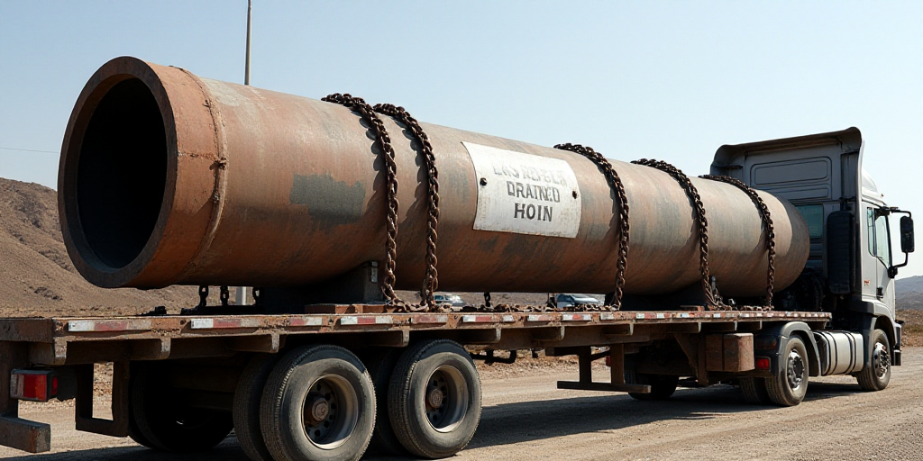 a large pipe with a sign on it sitting on a truck bed with chains on it's sides, Andries Stock, cabl
