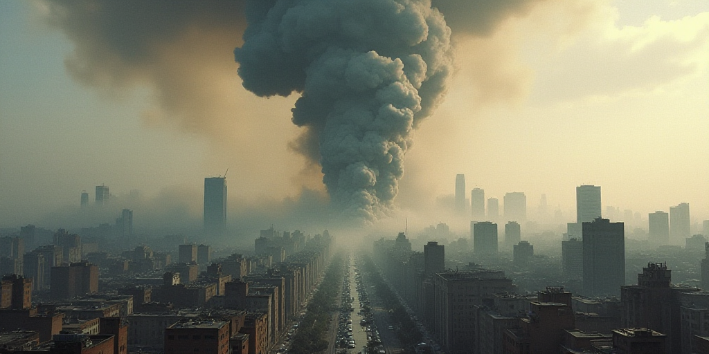 a large plume of smoke billows from a building in a city with lots of buildings in the background, D