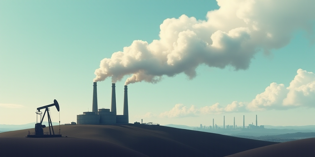 a large plume of smoke billows from a factory chimney on a hill top with a sky background and a few