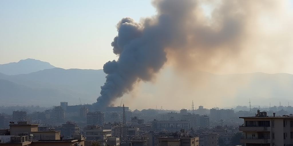 a large plume of smoke billows from a building in the city of a city with mountains in the backgroun