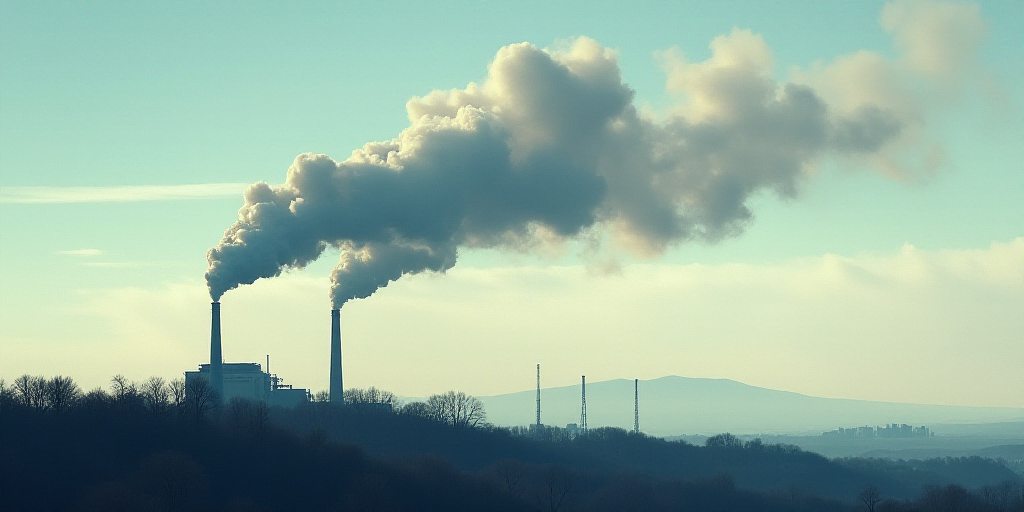a large plume of smoke billows from a factory chimney on a hill top with a sky background and a few