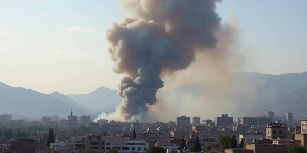 a large plume of smoke billows from a building in the city of a city with mountains in the backgroun