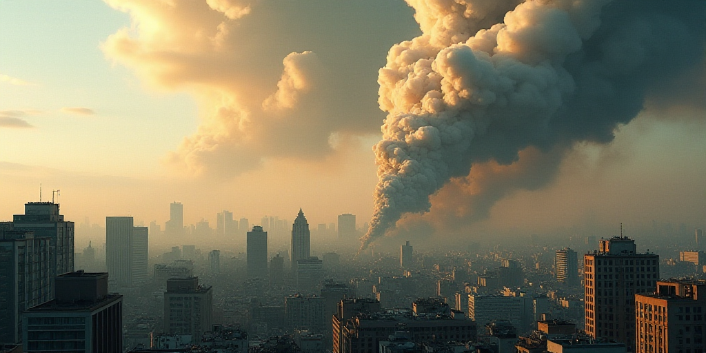 a large plume of smoke billows from a building in a city with lots of buildings in the background, D