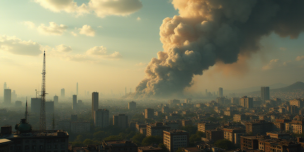 a large plume of smoke is billowing out of a building in a city with lots of trees and buildings, Bo