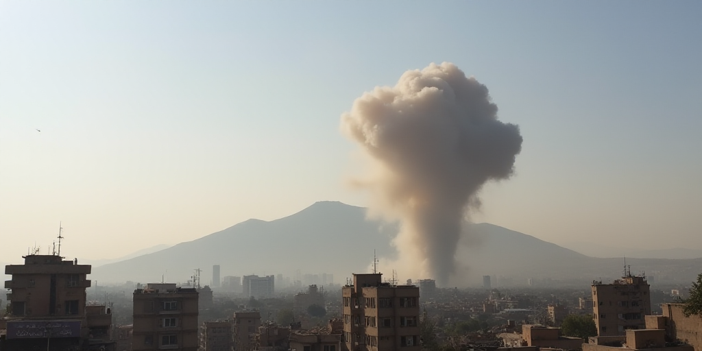 a large plume of smoke is billowing out of a building in the distance, with a mountain in the backgr