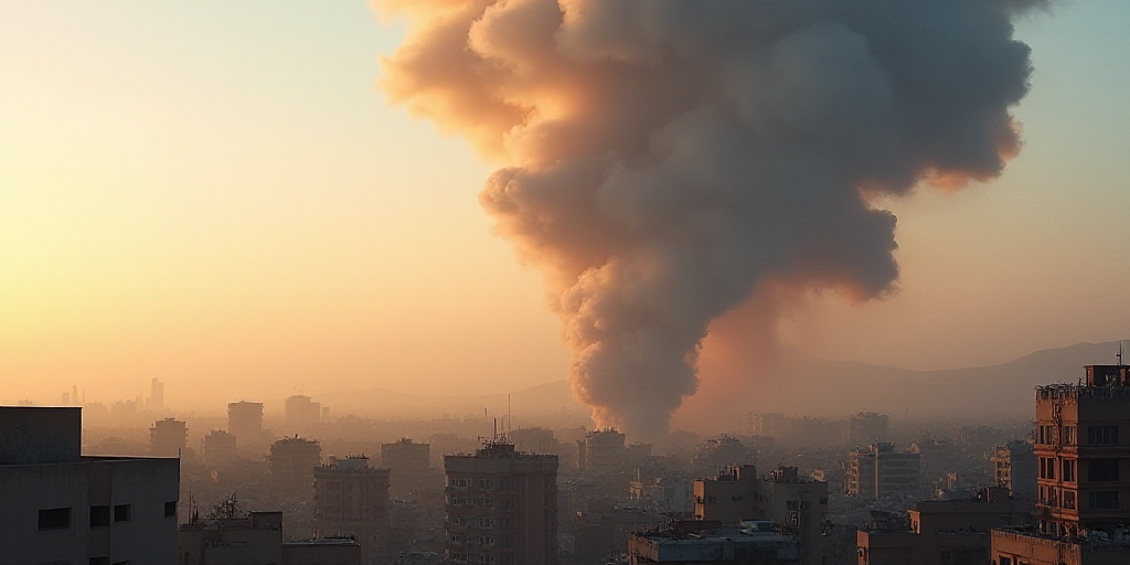 a large plume of smoke is billowing out of a building in the distance, with a few buildings in the f