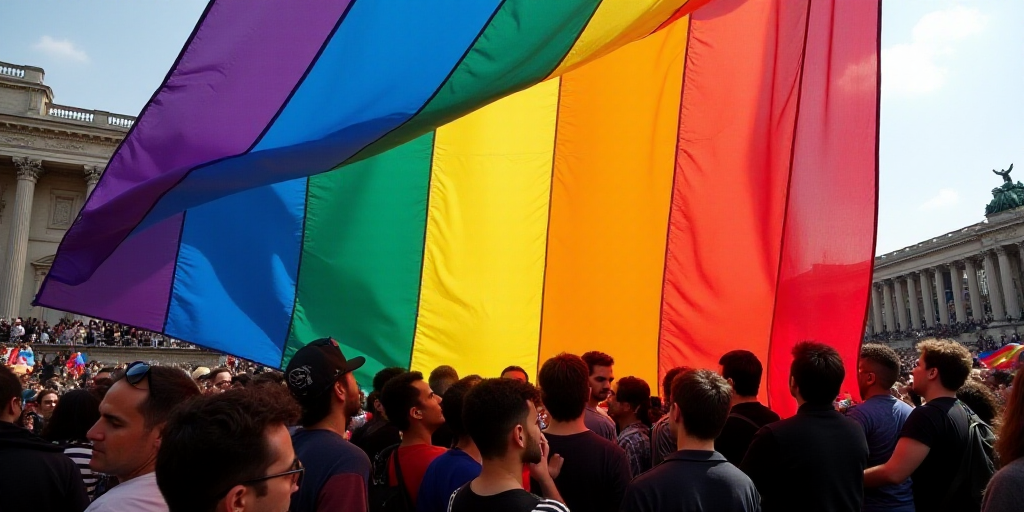 a large rainbow flag is being held by a crowd of people in a city square, with a rainbow flag on the