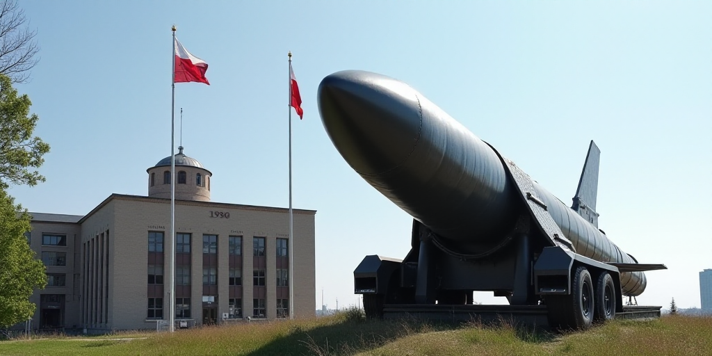 a large rocket is on display with a flag in front of it and a building in the background with a flag