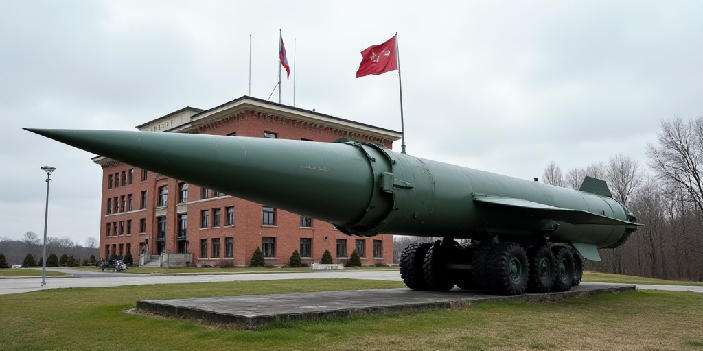 a large rocket is on display with a flag in front of it and a building in the background with a flag
