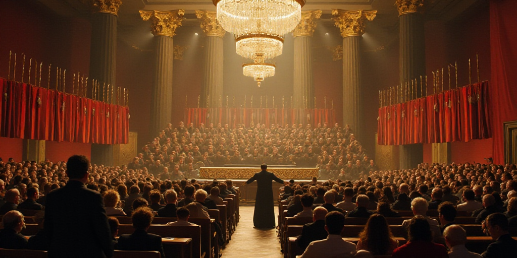 a large room filled with lots of people sitting at tables and standing in front of a podium with fla