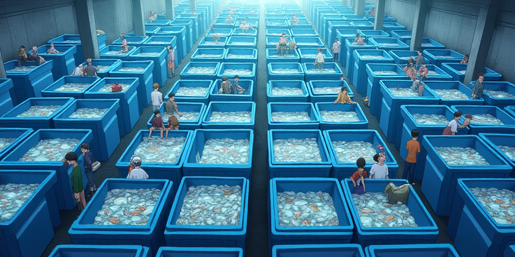 a large room filled with lots of blue containers filled with fish and people standing around them wi