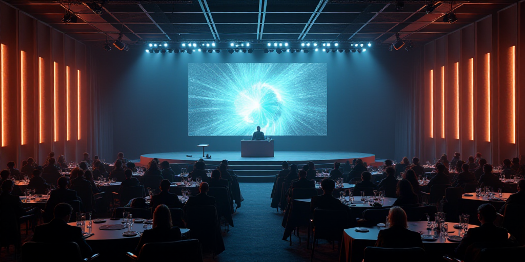 a large room filled with people sitting at tables and a podium with a screen on it's wall, Afewerk T