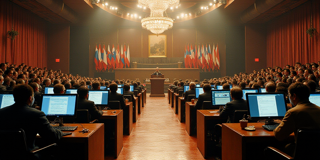 a large room filled with people sitting at computers and talking to them in front of a podium with f