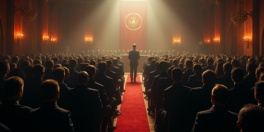 a large room filled with people and a speaker in the center of the room with a flag on the wall, Ann